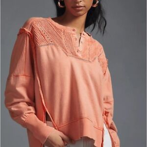 Pilcro Anthropologie pintuck orange henley loose fit sweatshirt M